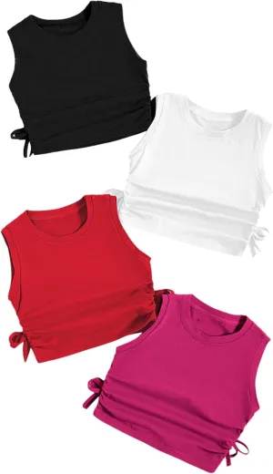 Milumia Girl's 4 Pack Dance Tops Ruched Knot Side Solid Round Neck Crop Tank Tops