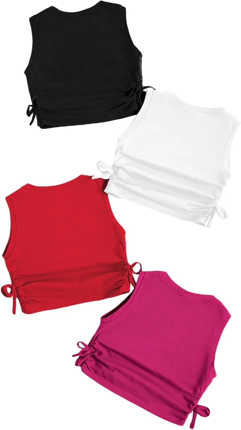 Milumia Girl's 4 Pack Dance Tops Ruched Knot Side Solid Round Neck Crop Tank Tops