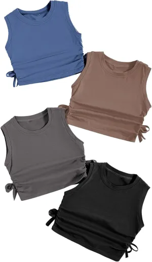 Milumia Girl's 4 Pack Dance Tops Ruched Knot Side Solid Round Neck Crop Tank Tops