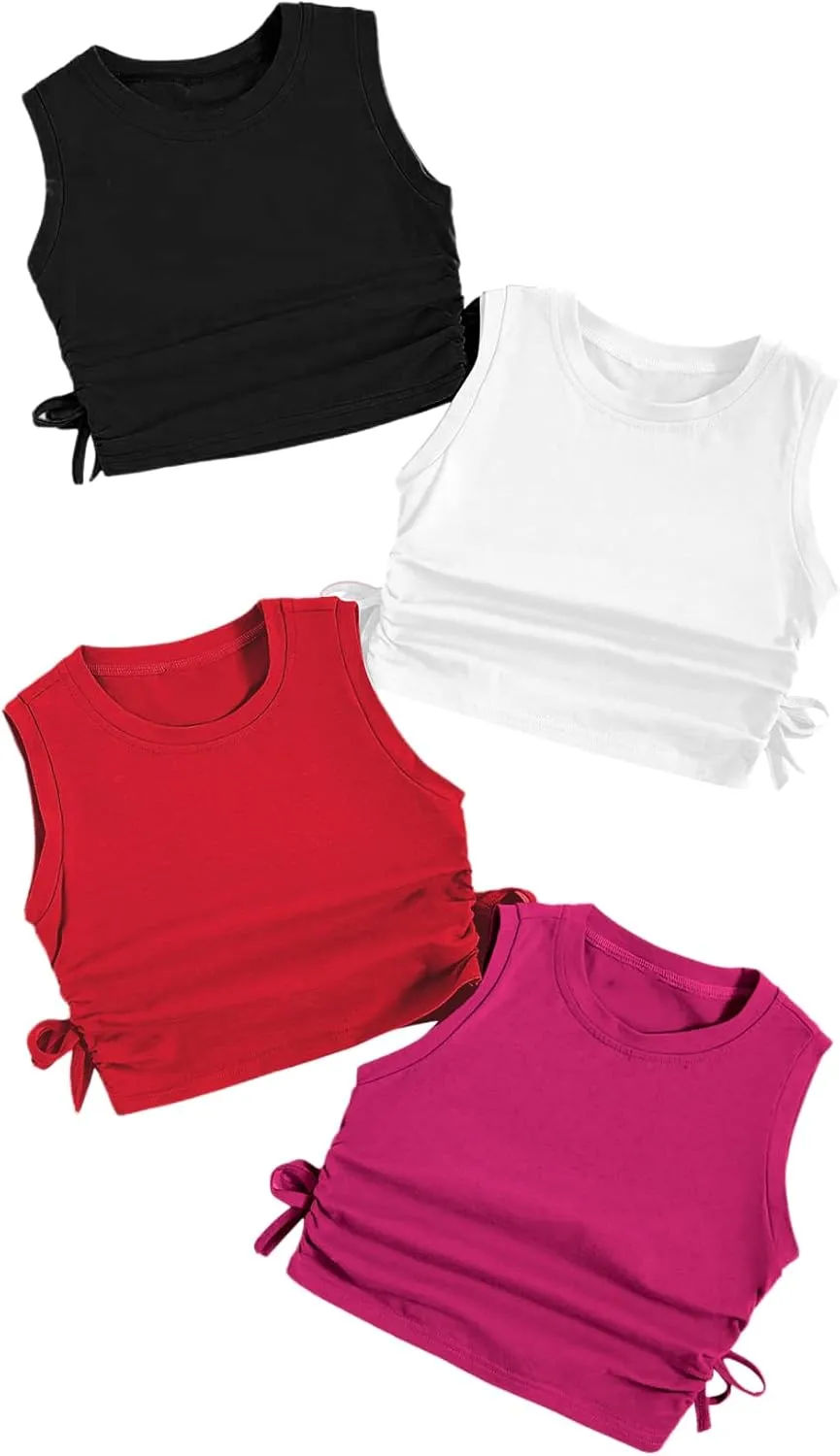 Milumia Girl's 4 Pack Dance Tops Ruched Knot Side Solid Round Neck Crop Tank Tops