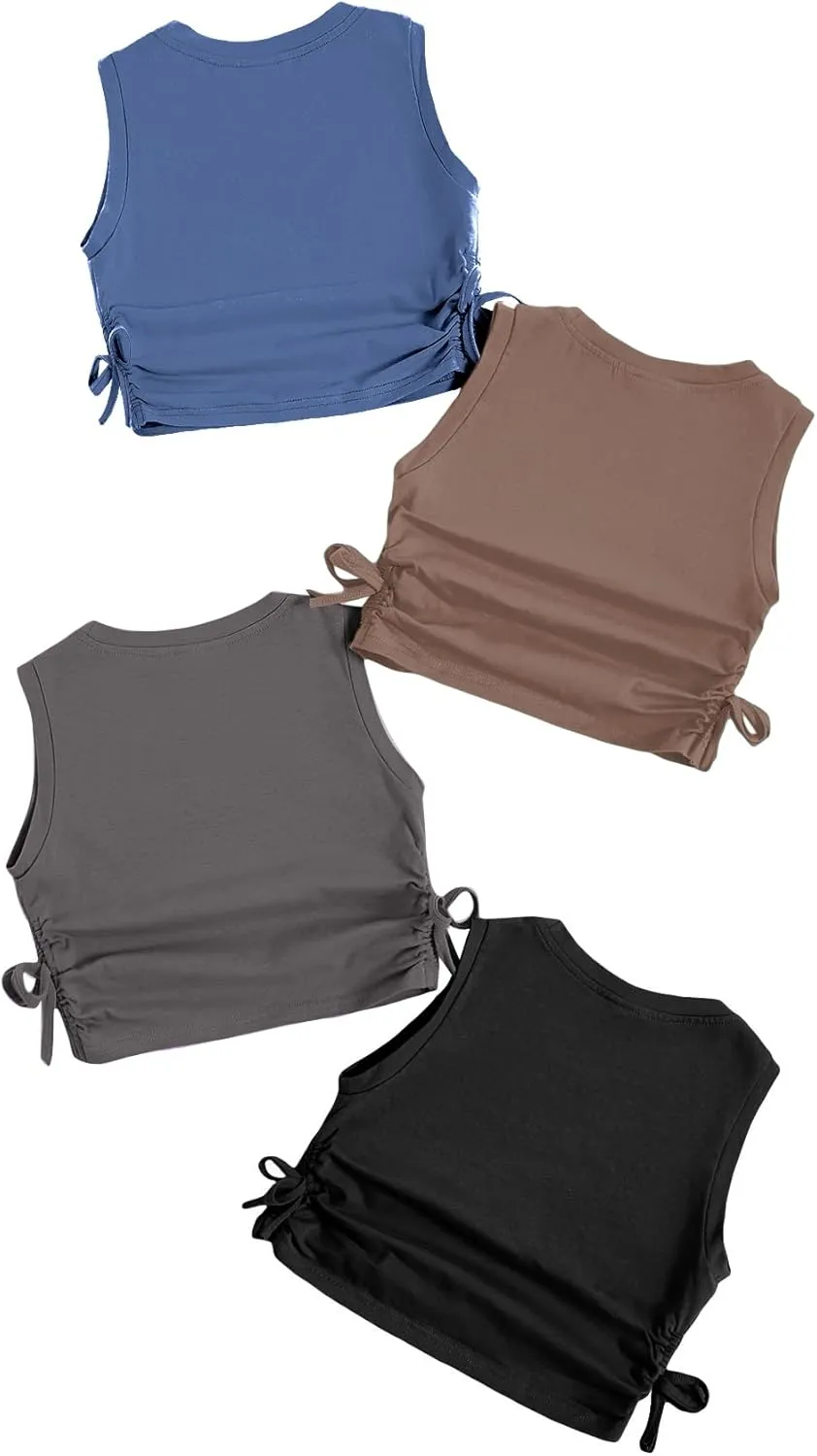 Milumia Girl's 4 Pack Dance Tops Ruched Knot Side Solid Round Neck Crop Tank Tops