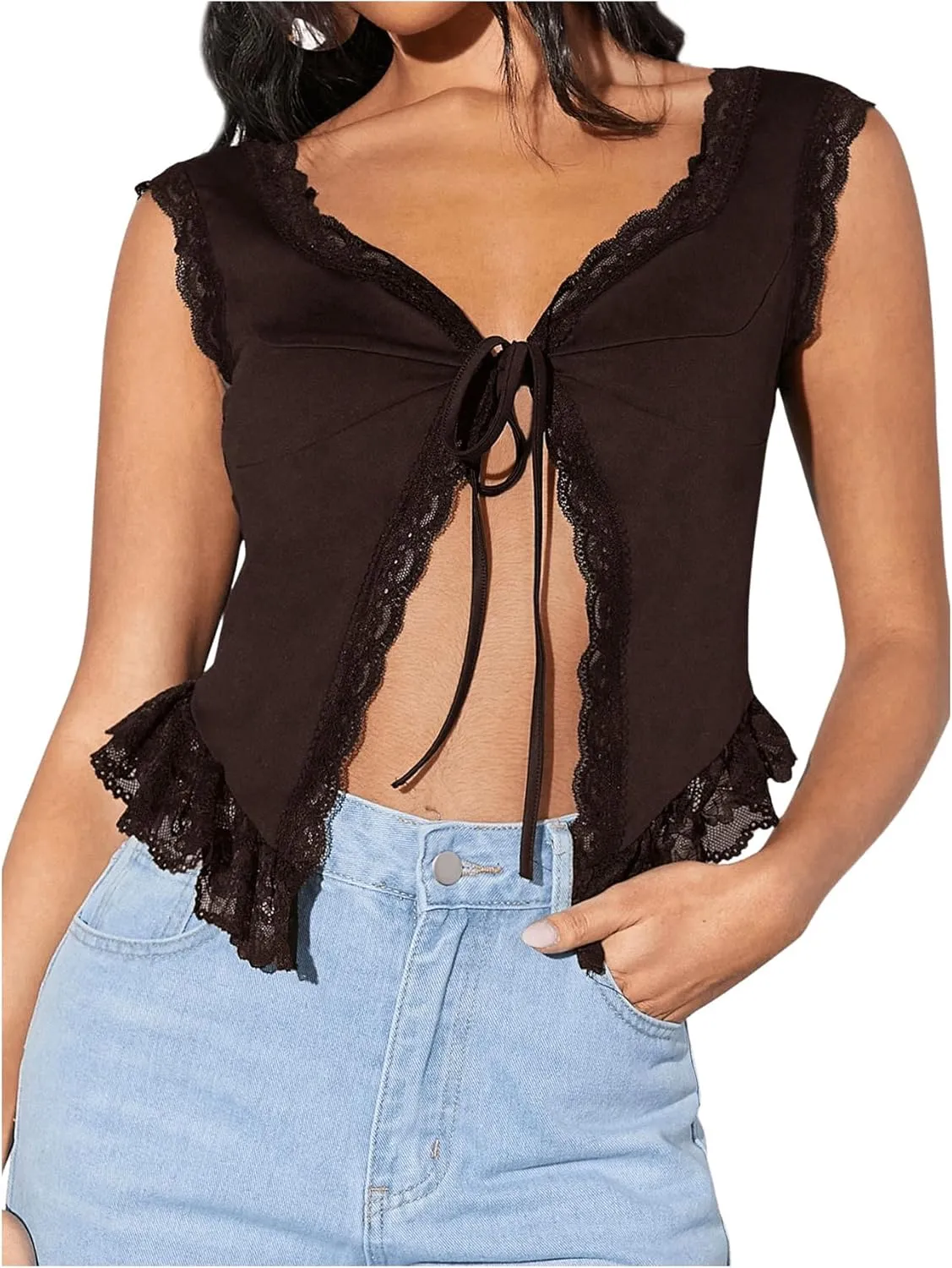 Milumia Women's Lace Trim Open Tie Front Tops Y2k Sleeveless Deep V Neck Going Out Tops