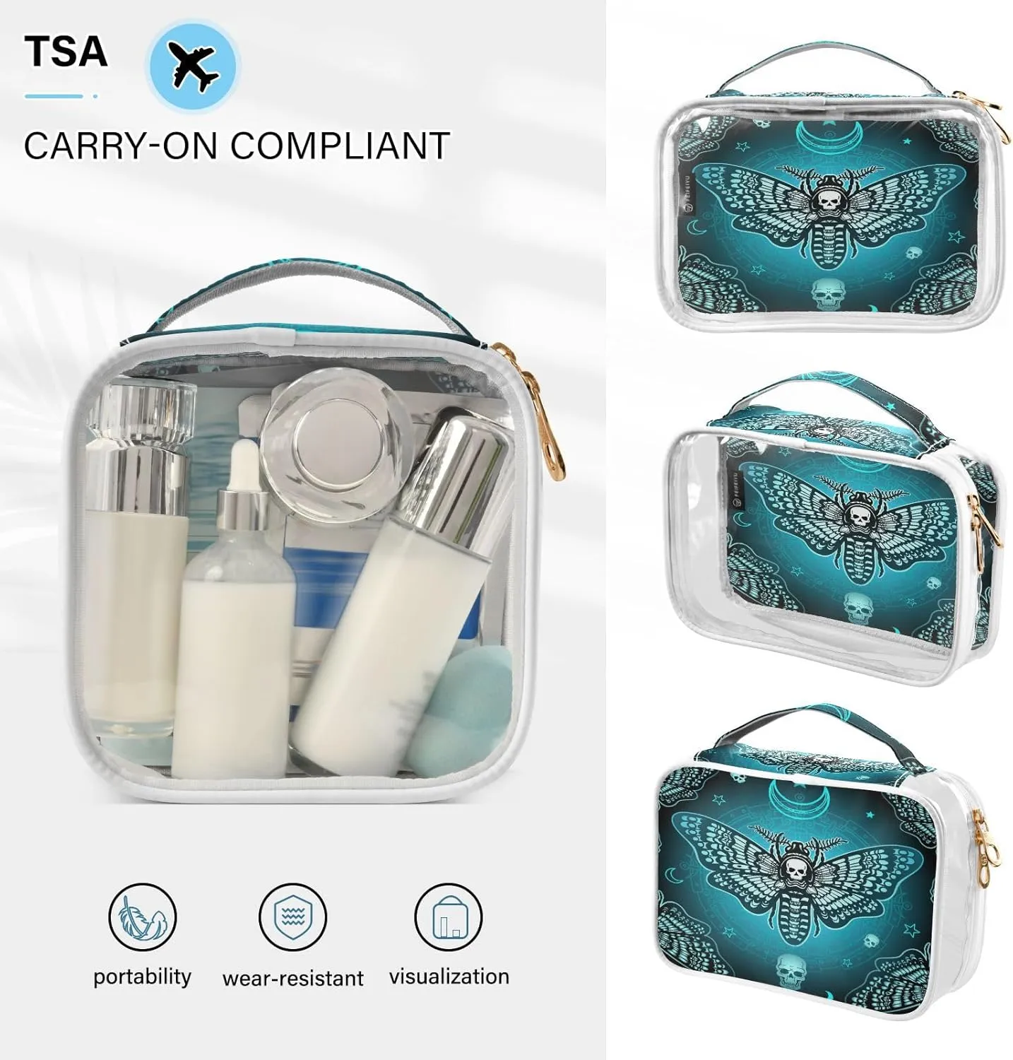 MNSRUU Clear Makeup Bags Butterfly Skull Boho Toiletry Bag for Women 2 PCS Waterproof Clear Bags Clear Travel Toiletry Bag Small Cosmetic Makeup Bag, Carry on Airport Airline Compliant Bag