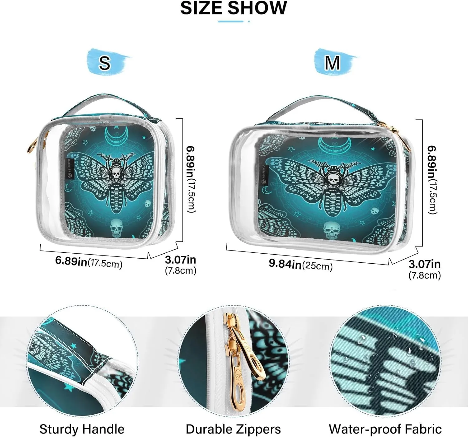 MNSRUU Clear Makeup Bags Butterfly Skull Boho Toiletry Bag for Women 2 PCS Waterproof Clear Bags Clear Travel Toiletry Bag Small Cosmetic Makeup Bag, Carry on Airport Airline Compliant Bag