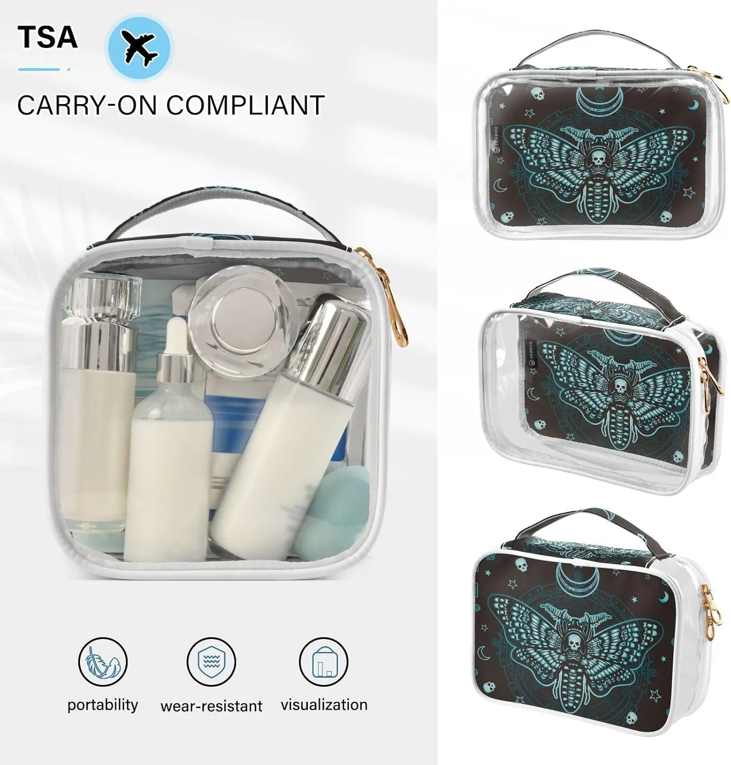 MNSRUU Clear Makeup Bags Butterfly Skull Mysticism Toiletry Bag for Women 2 PCS Waterproof Clear Bags Clear Travel Toiletry Bag Small Cosmetic Makeup Bag, Carry on Airport Airline Compliant Bag