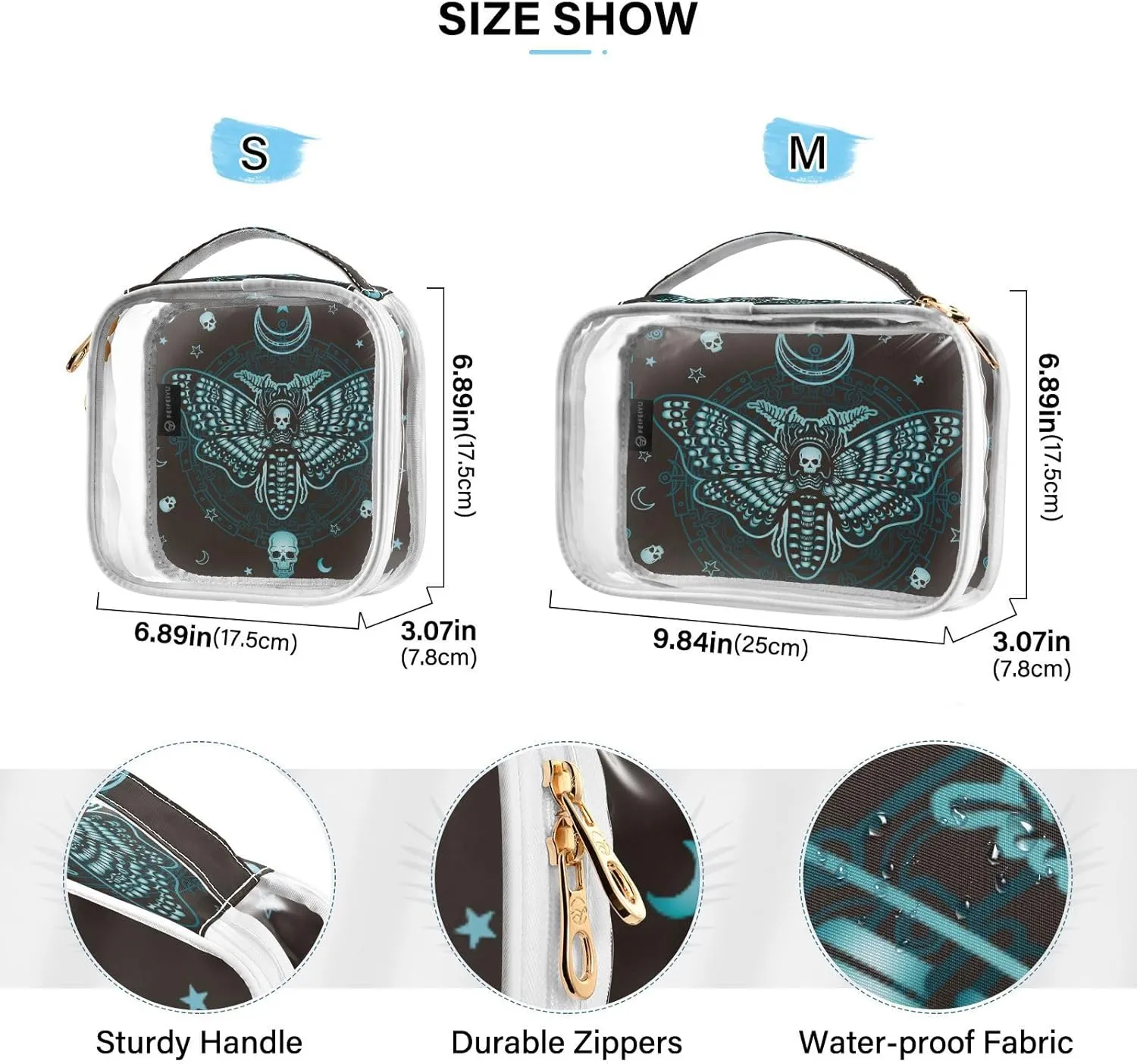 MNSRUU Clear Makeup Bags Butterfly Skull Mysticism Toiletry Bag for Women 2 PCS Waterproof Clear Bags Clear Travel Toiletry Bag Small Cosmetic Makeup Bag, Carry on Airport Airline Compliant Bag