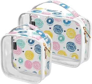 MNSRUU Clear Makeup Bags Circle Colorful Toiletry Bag for Women 2 PCS Waterproof Clear Bags Clear Travel Toiletry Bag Small Cosmetic Makeup Bag, Carry on Airport Airline Compliant Bag