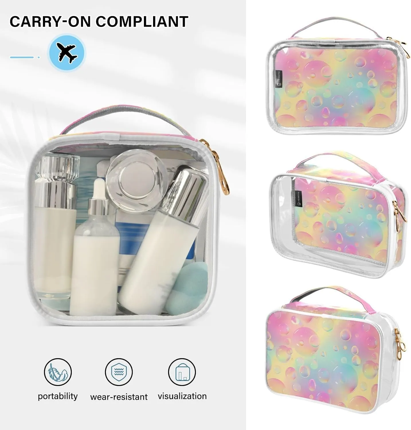 MNSRUU Clear Makeup Bags Colorful Bubbles Toiletry Bag for Women 2 PCS Waterproof Clear Bags Clear Travel Toiletry Bag Small Cosmetic Makeup Bag, Carry on Airport Airline Compliant Bag