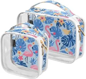 MNSRUU Clear Makeup Bags Flamingo Toiletry Bag for Women 2 PCS Waterproof Clear Bags Clear Travel Toiletry Bag Small Cosmetic Makeup Bag, Carry on Airport Airline Compliant Bag