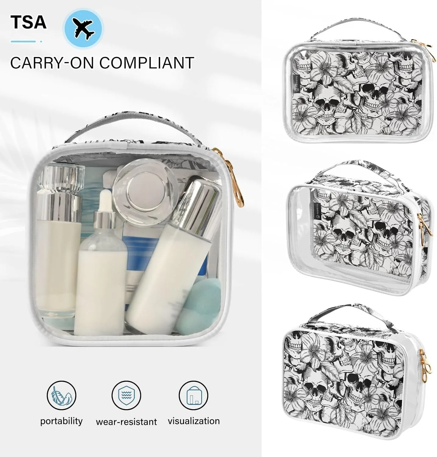 MNSRUU Clear Makeup Bags Goth Skull Toiletry Bag for Women 2 PCS Waterproof Clear Bags Clear Travel Toiletry Bag Small Cosmetic Makeup Bag, Carry on Airport Airline Compliant Bag