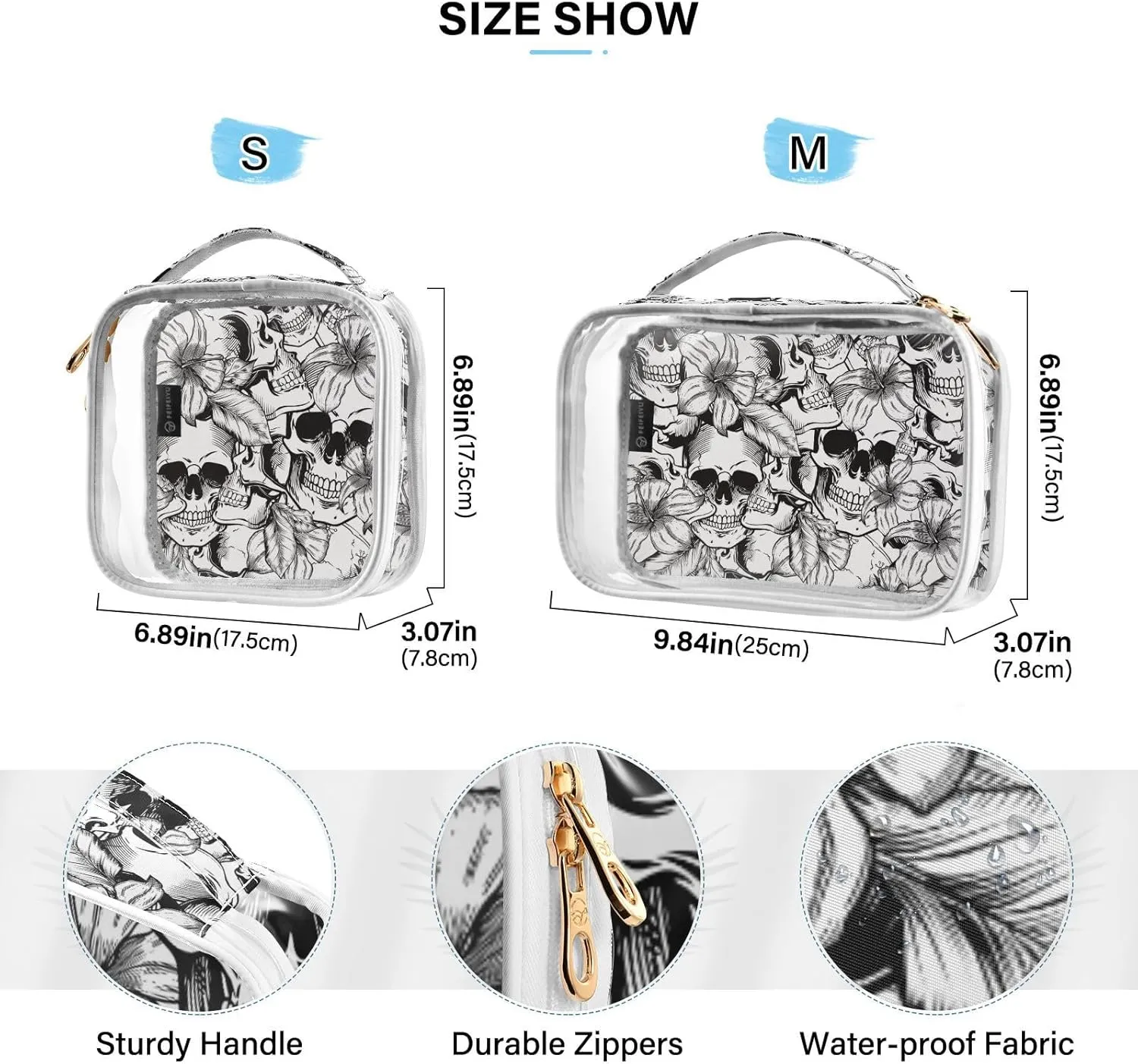 MNSRUU Clear Makeup Bags Goth Skull Toiletry Bag for Women 2 PCS Waterproof Clear Bags Clear Travel Toiletry Bag Small Cosmetic Makeup Bag, Carry on Airport Airline Compliant Bag
