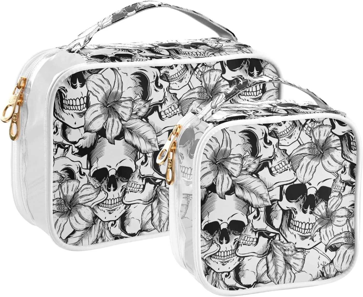 MNSRUU Clear Makeup Bags Goth Skull Toiletry Bag for Women 2 PCS Waterproof Clear Bags Clear Travel Toiletry Bag Small Cosmetic Makeup Bag, Carry on Airport Airline Compliant Bag