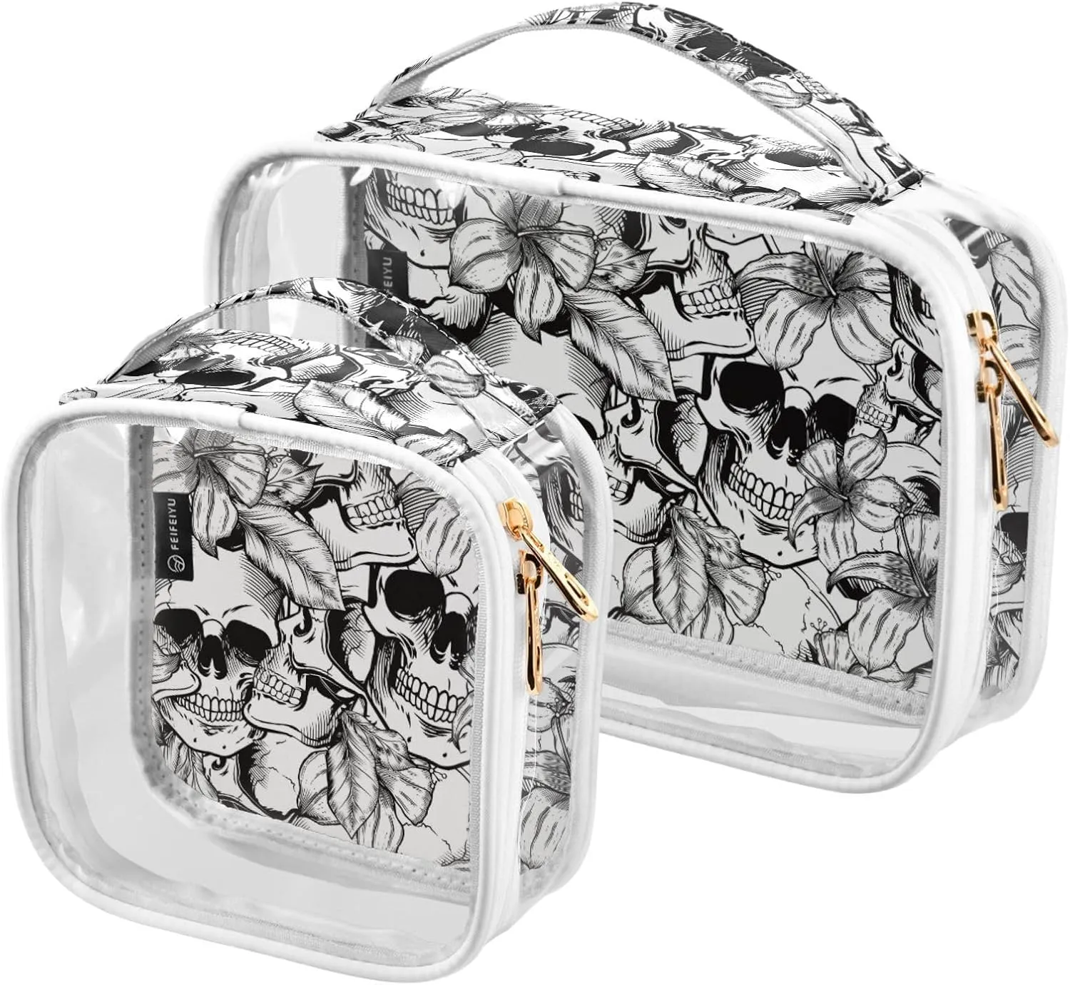 MNSRUU Clear Makeup Bags Goth Skull Toiletry Bag for Women 2 PCS Waterproof Clear Bags Clear Travel Toiletry Bag Small Cosmetic Makeup Bag, Carry on Airport Airline Compliant Bag