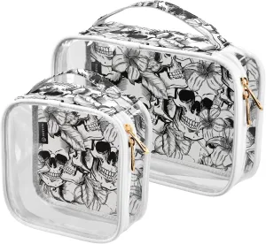 MNSRUU Clear Makeup Bags Goth Skull Toiletry Bag for Women 2 PCS Waterproof Clear Bags Clear Travel Toiletry Bag Small Cosmetic Makeup Bag, Carry on Airport Airline Compliant Bag