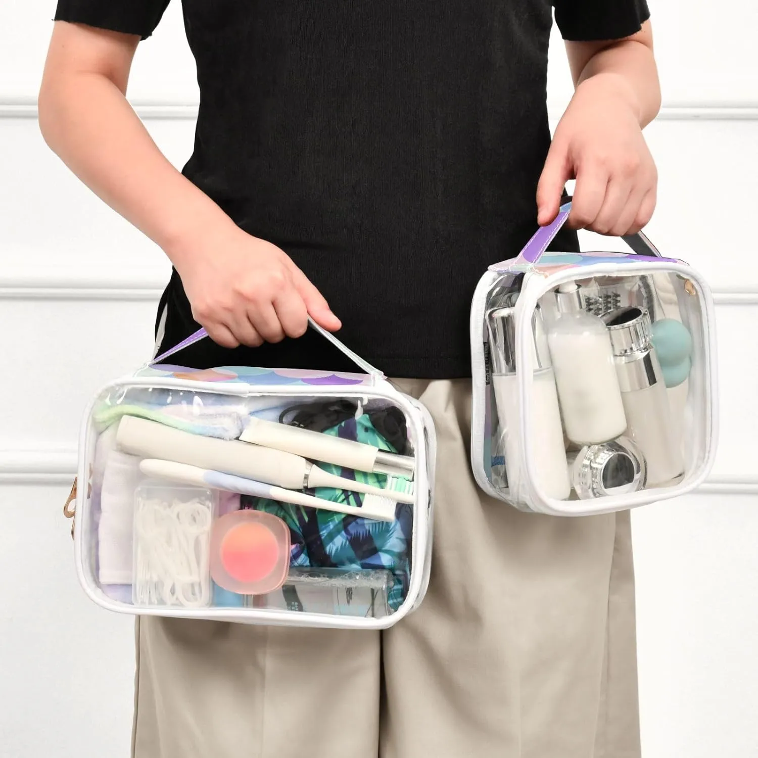 MNSRUU Clear Makeup Bags Half Circles Colors Toiletry Bag for Women 2 PCS Waterproof Clear Bags Clear Travel Toiletry Bag Small Cosmetic Makeup Bag, Carry on Airport Airline Compliant Bag