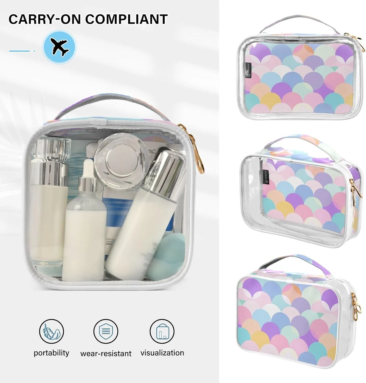 MNSRUU Clear Makeup Bags Half Circles Colors Toiletry Bag for Women 2 PCS Waterproof Clear Bags Clear Travel Toiletry Bag Small Cosmetic Makeup Bag, Carry on Airport Airline Compliant Bag