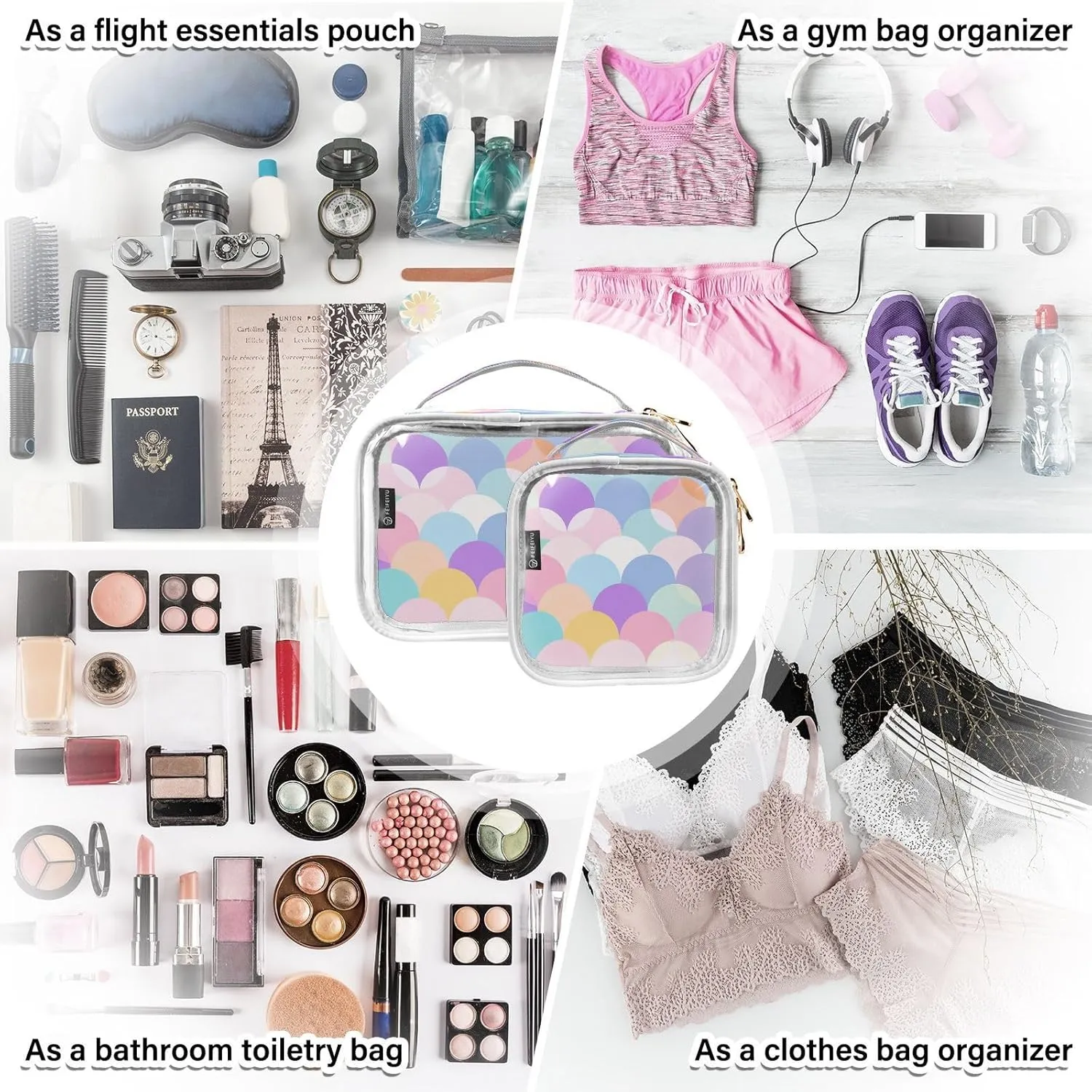 MNSRUU Clear Makeup Bags Half Circles Colors Toiletry Bag for Women 2 PCS Waterproof Clear Bags Clear Travel Toiletry Bag Small Cosmetic Makeup Bag, Carry on Airport Airline Compliant Bag