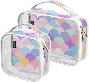 MNSRUU Clear Makeup Bags Half Circles Colors Toiletry Bag for Women 2 PCS Waterproof Clear Bags Clear Travel Toiletry Bag Small Cosmetic Makeup Bag, Carry on Airport Airline Compliant Bag