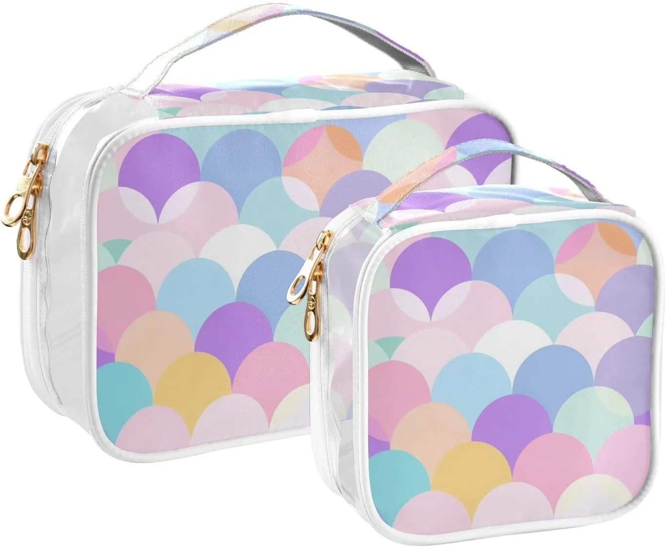 MNSRUU Clear Makeup Bags Half Circles Colors Toiletry Bag for Women 2 PCS Waterproof Clear Bags Clear Travel Toiletry Bag Small Cosmetic Makeup Bag, Carry on Airport Airline Compliant Bag