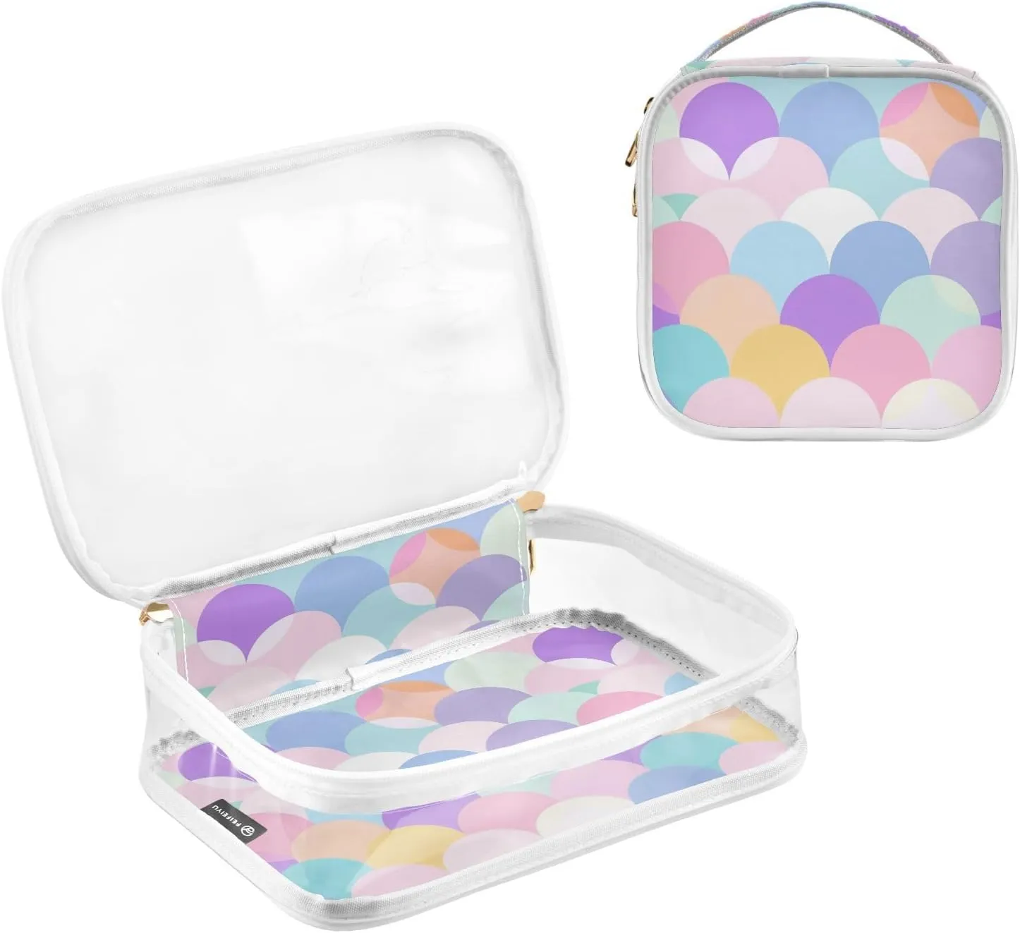 MNSRUU Clear Makeup Bags Half Circles Colors Toiletry Bag for Women 2 PCS Waterproof Clear Bags Clear Travel Toiletry Bag Small Cosmetic Makeup Bag, Carry on Airport Airline Compliant Bag