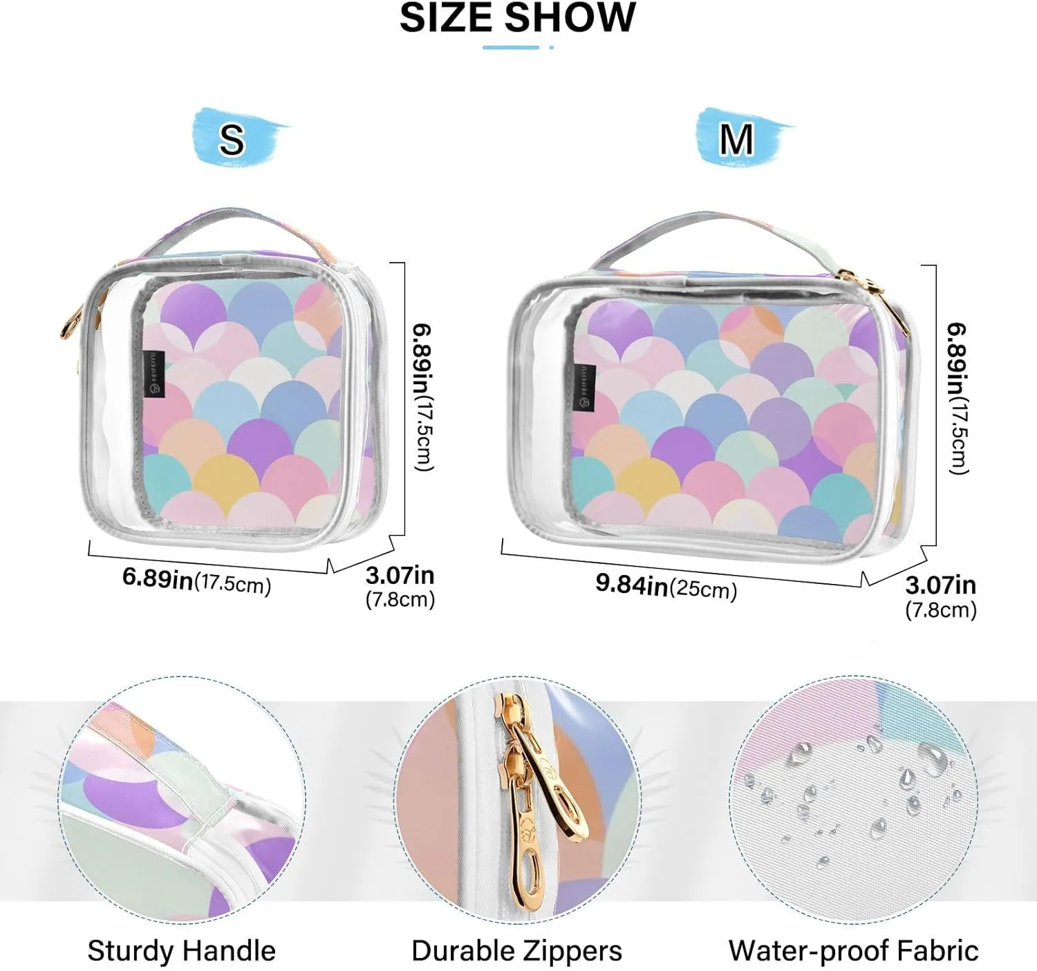 MNSRUU Clear Makeup Bags Half Circles Colors Toiletry Bag for Women 2 PCS Waterproof Clear Bags Clear Travel Toiletry Bag Small Cosmetic Makeup Bag, Carry on Airport Airline Compliant Bag