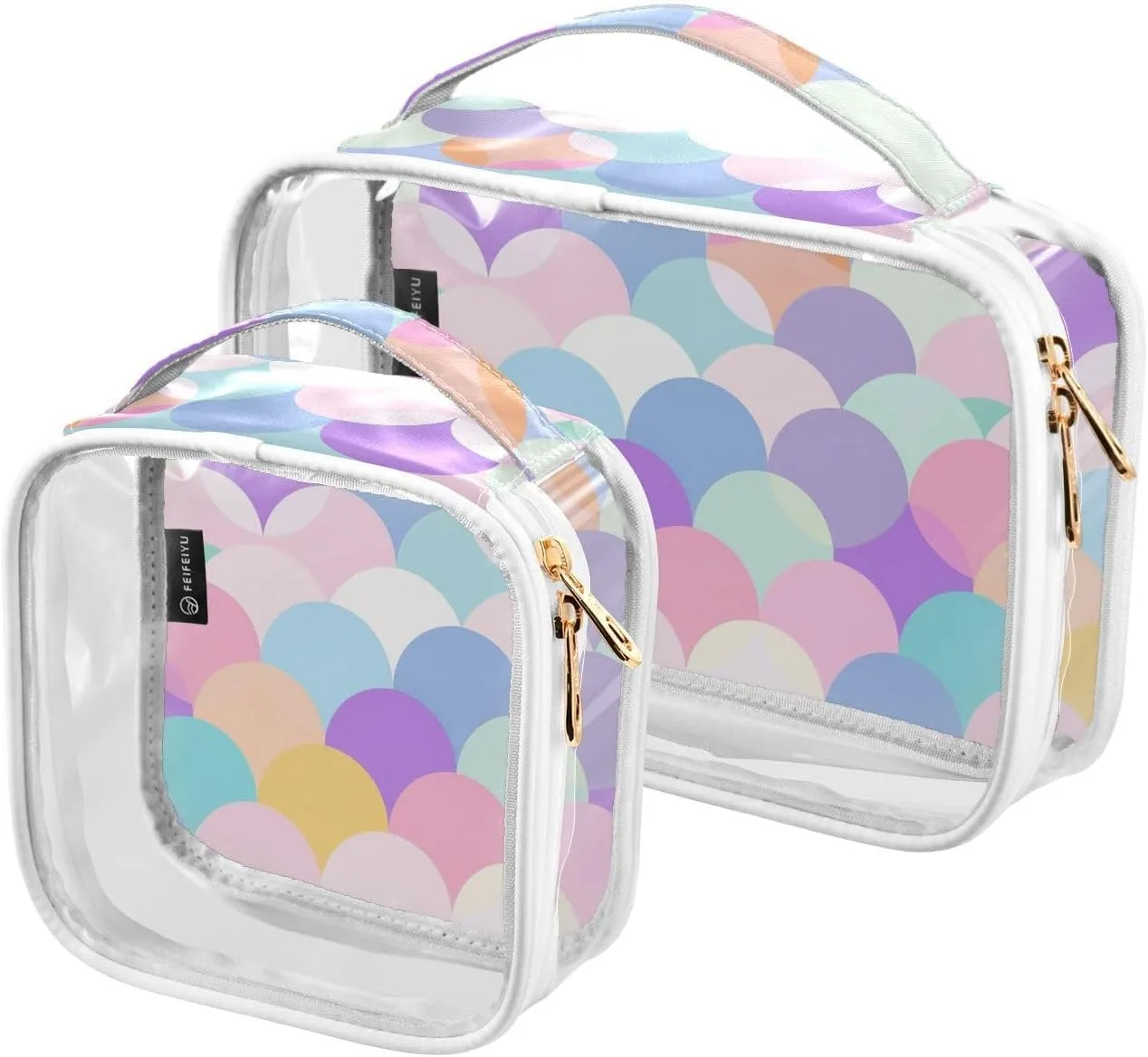 MNSRUU Clear Makeup Bags Half Circles Colors Toiletry Bag for Women 2 PCS Waterproof Clear Bags Clear Travel Toiletry Bag Small Cosmetic Makeup Bag, Carry on Airport Airline Compliant Bag
