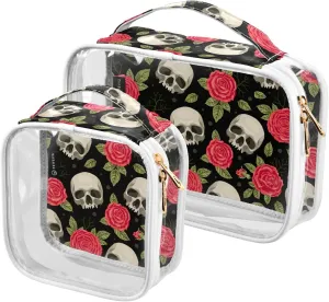 MNSRUU Clear Makeup Bags Skull and Roses Toiletry Bag for Women 2 PCS Waterproof Clear Bags Clear Travel Toiletry Bag Small Cosmetic Makeup Bag, Carry on Airport Airline Compliant Bag