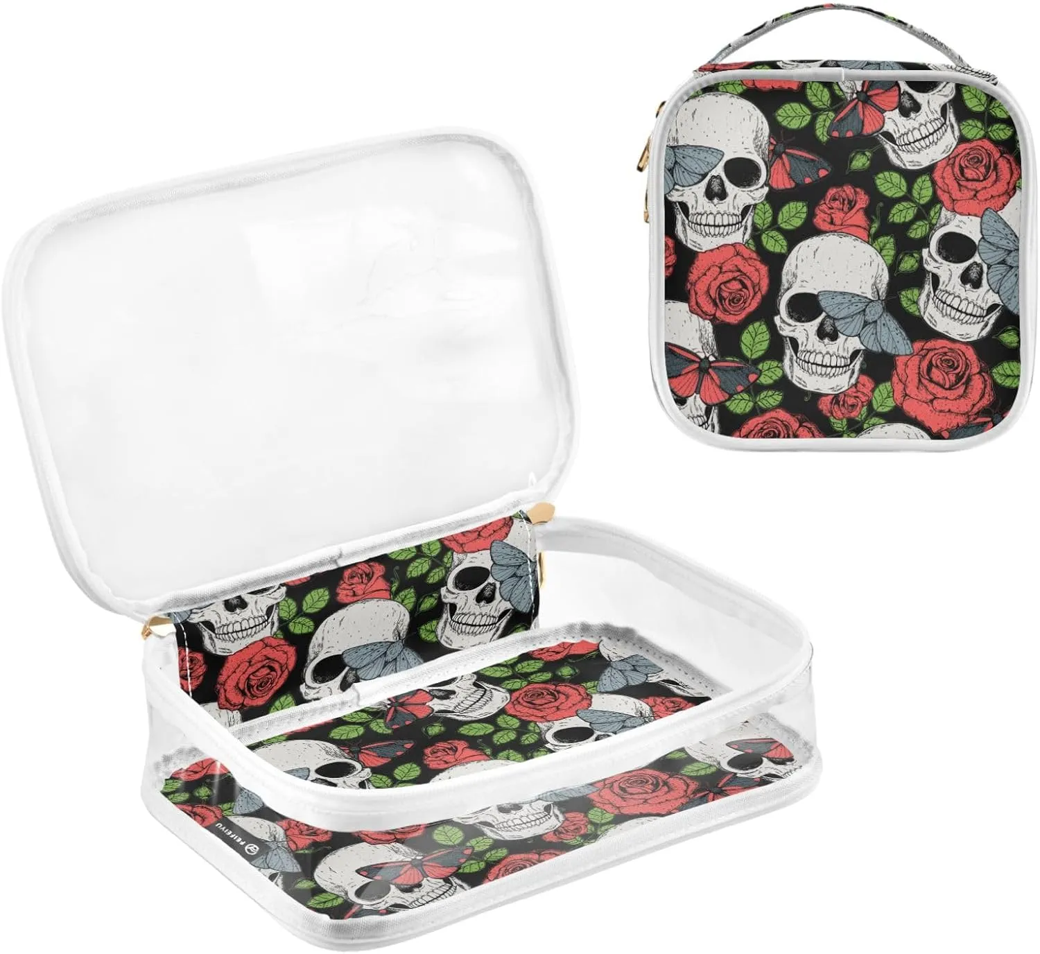 MNSRUU Clear Makeup Bags Skull Butterfly and Roses Toiletry Bag for Women 2 PCS Waterproof Clear Bags Clear Travel Toiletry Bag Small Cosmetic Makeup Bag, Carry on Airport Airline Compliant Bag