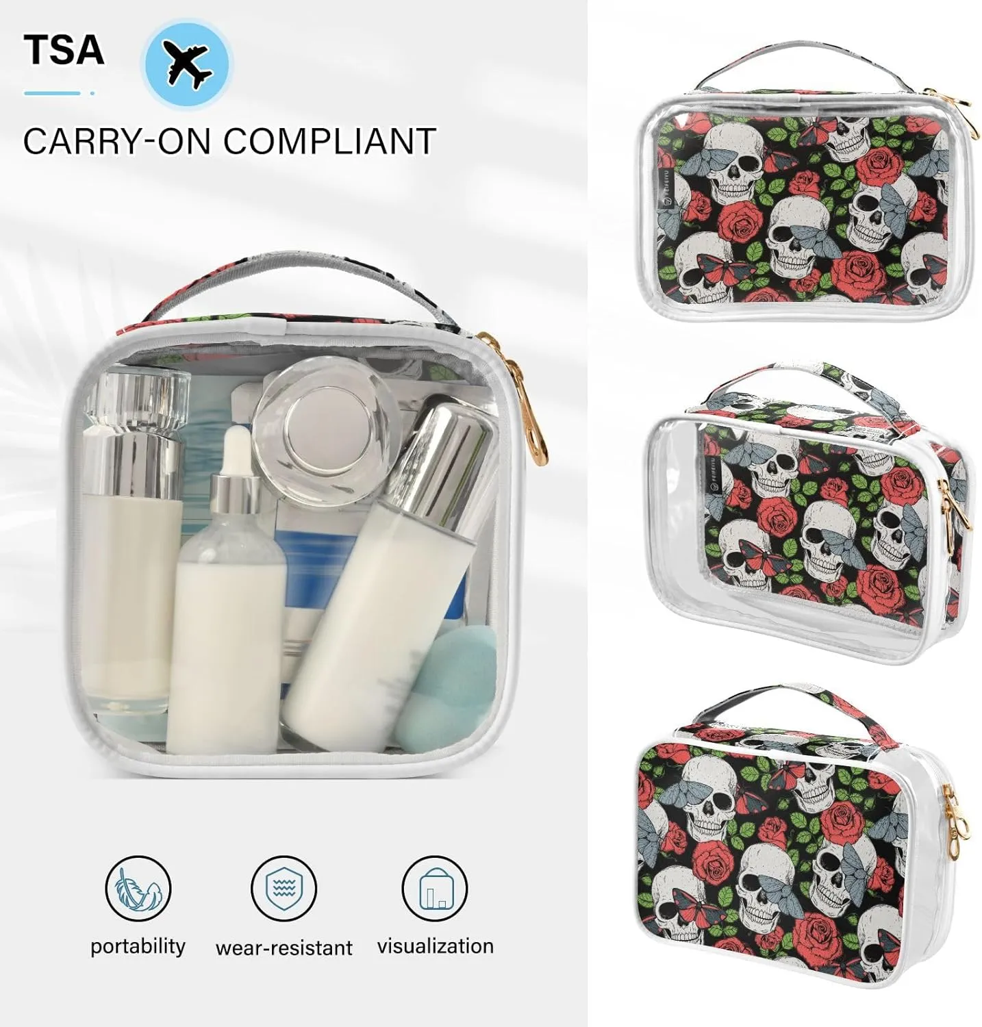 MNSRUU Clear Makeup Bags Skull Butterfly and Roses Toiletry Bag for Women 2 PCS Waterproof Clear Bags Clear Travel Toiletry Bag Small Cosmetic Makeup Bag, Carry on Airport Airline Compliant Bag