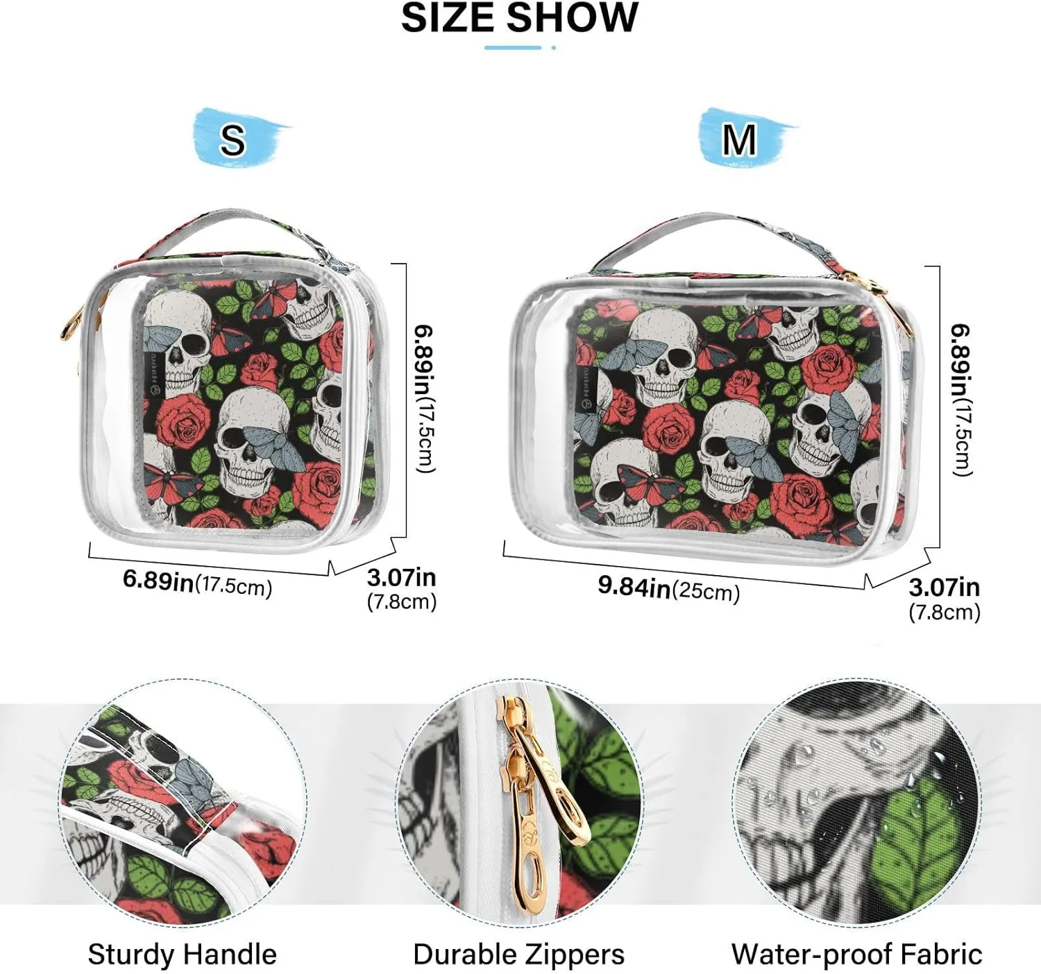 MNSRUU Clear Makeup Bags Skull Butterfly and Roses Toiletry Bag for Women 2 PCS Waterproof Clear Bags Clear Travel Toiletry Bag Small Cosmetic Makeup Bag, Carry on Airport Airline Compliant Bag