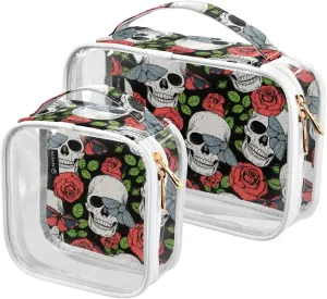 MNSRUU Clear Makeup Bags Skull Butterfly and Roses Toiletry Bag for Women 2 PCS Waterproof Clear Bags Clear Travel Toiletry Bag Small Cosmetic Makeup Bag, Carry on Airport Airline Compliant Bag