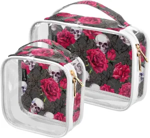 MNSRUU Clear Makeup Bags Skulls Rose Flowers Toiletry Bag for Women 2 PCS Waterproof Clear Bags Clear Travel Toiletry Bag Small Cosmetic Makeup Bag, Carry on Airport Airline Compliant Bag