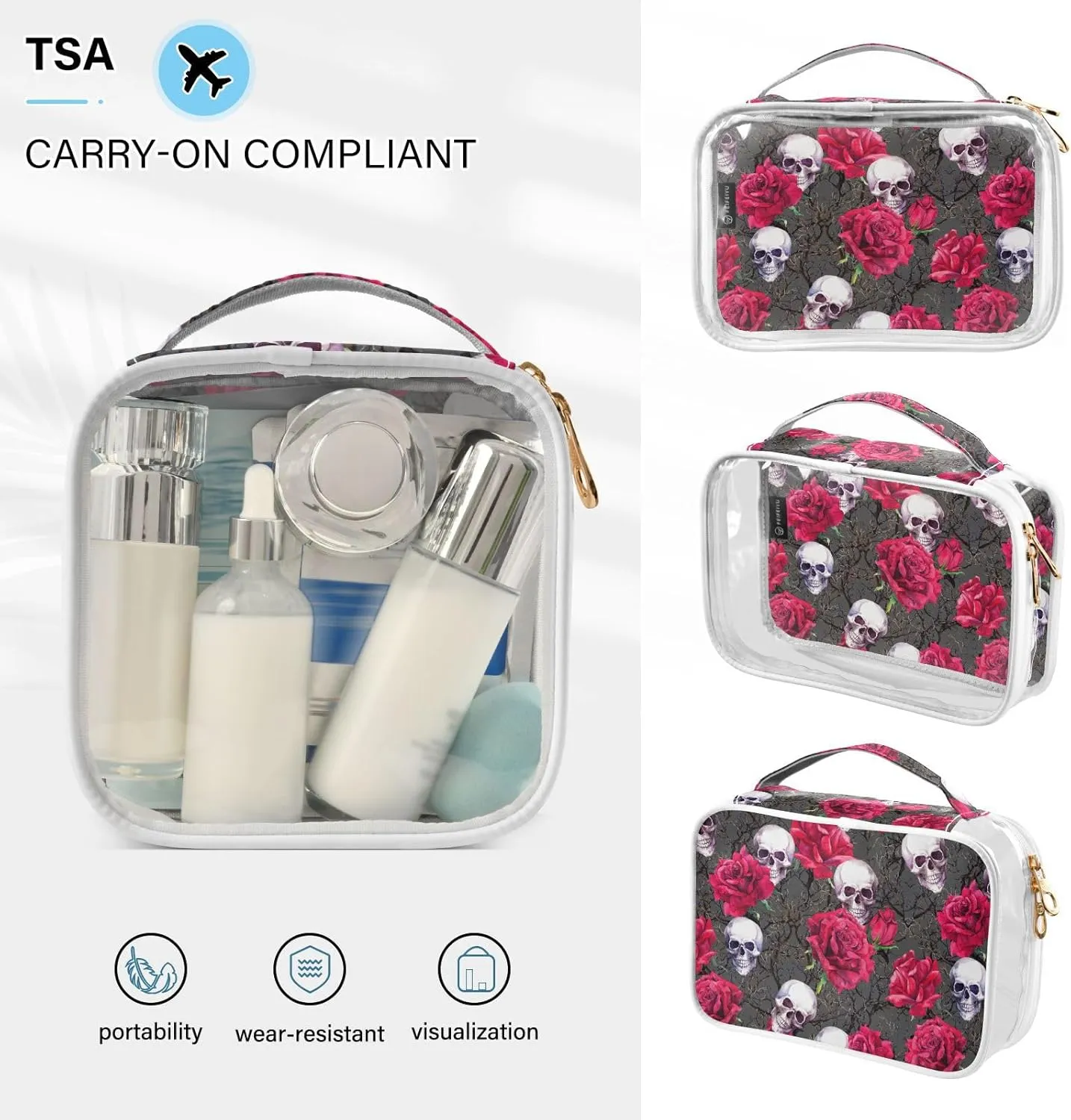 MNSRUU Clear Makeup Bags Skulls Rose Flowers Toiletry Bag for Women 2 PCS Waterproof Clear Bags Clear Travel Toiletry Bag Small Cosmetic Makeup Bag, Carry on Airport Airline Compliant Bag