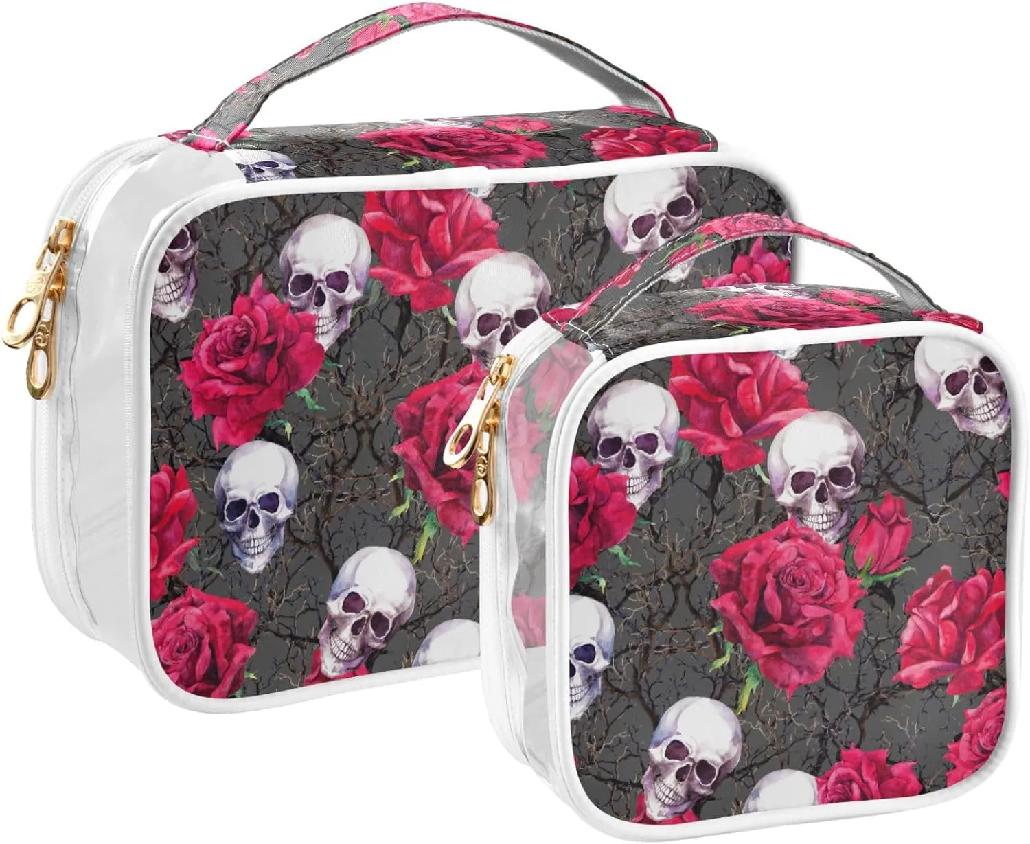 MNSRUU Clear Makeup Bags Skulls Rose Flowers Toiletry Bag for Women 2 PCS Waterproof Clear Bags Clear Travel Toiletry Bag Small Cosmetic Makeup Bag, Carry on Airport Airline Compliant Bag