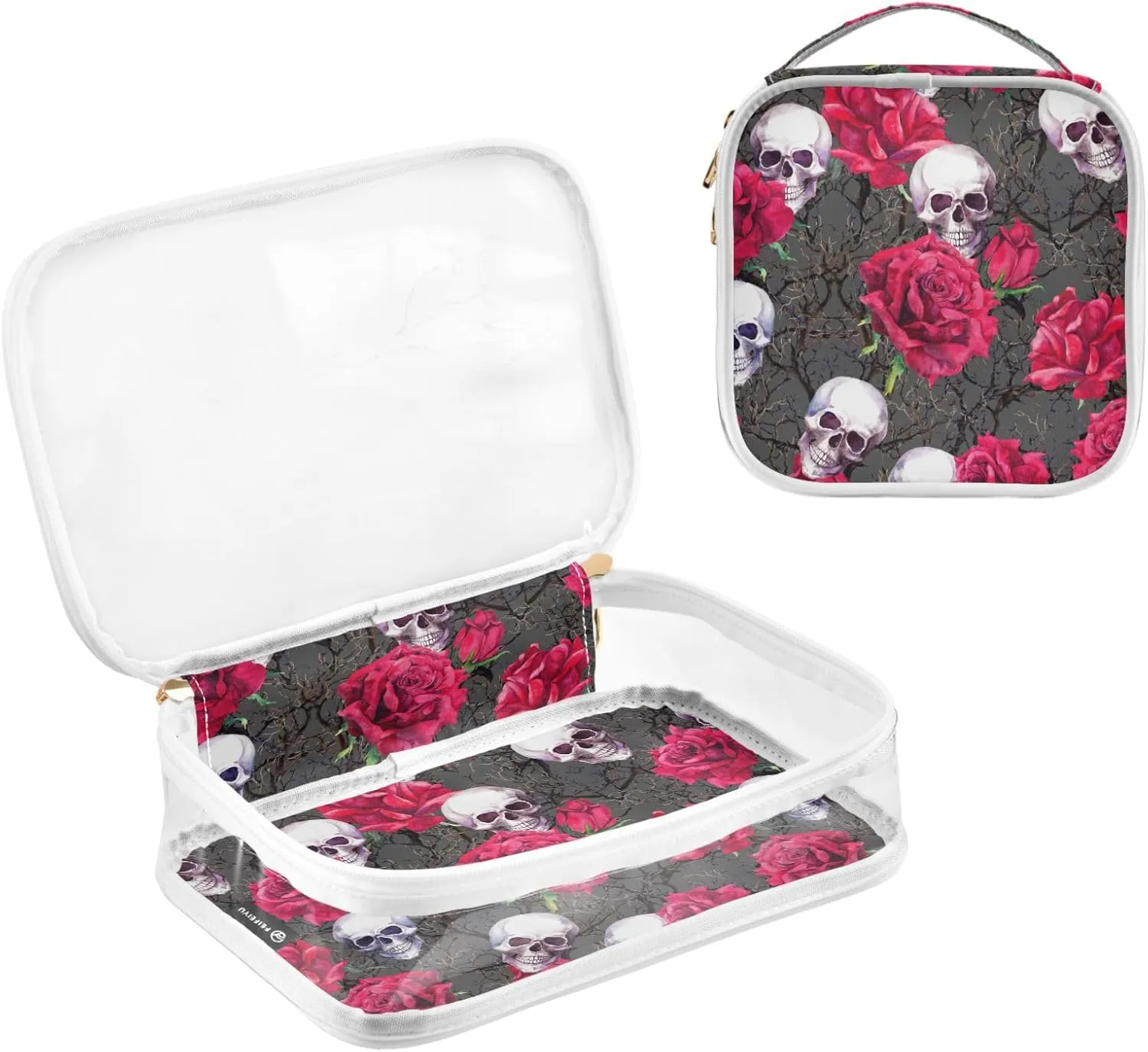 MNSRUU Clear Makeup Bags Skulls Rose Flowers Toiletry Bag for Women 2 PCS Waterproof Clear Bags Clear Travel Toiletry Bag Small Cosmetic Makeup Bag, Carry on Airport Airline Compliant Bag