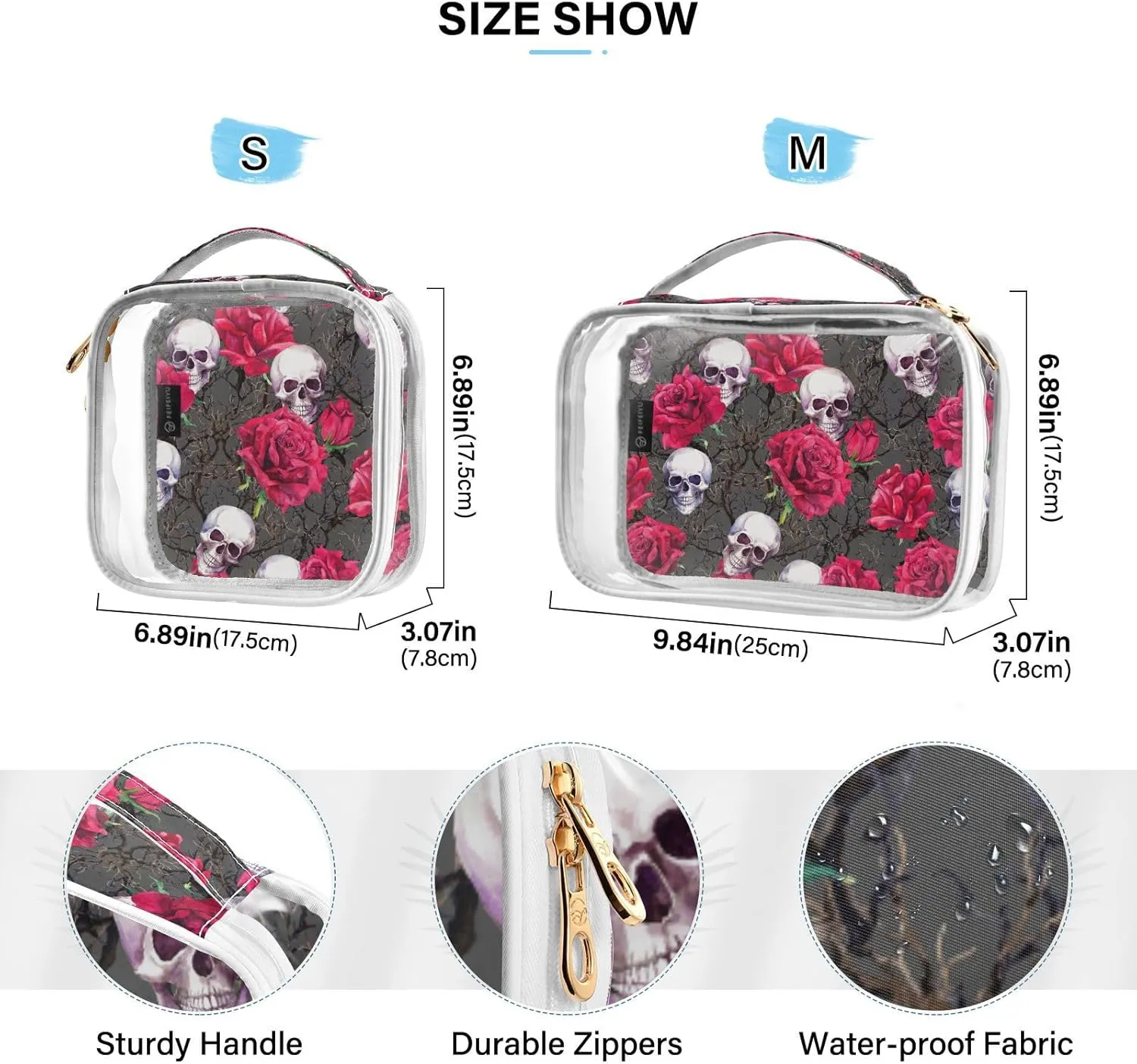 MNSRUU Clear Makeup Bags Skulls Rose Flowers Toiletry Bag for Women 2 PCS Waterproof Clear Bags Clear Travel Toiletry Bag Small Cosmetic Makeup Bag, Carry on Airport Airline Compliant Bag