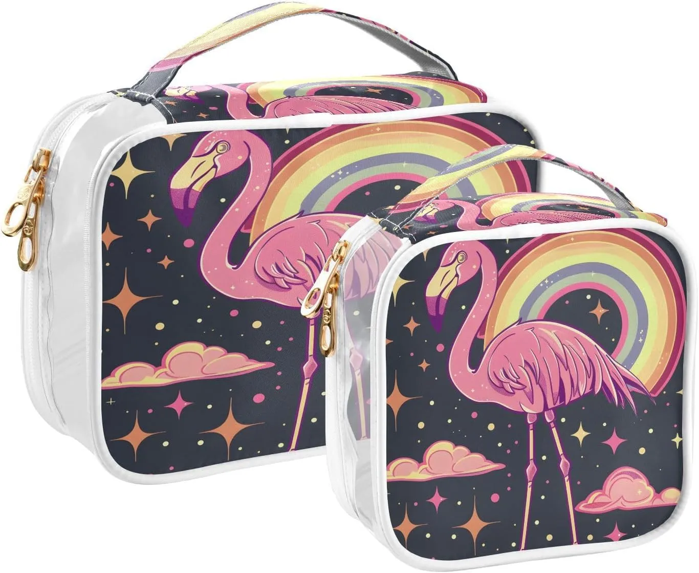 MNSRUU Clear Makeup Bags Space Flamingo Rainbow Toiletry Bag for Women 2 PCS Waterproof Clear Bags Clear Travel Toiletry Bag Small Cosmetic Makeup Bag, Carry on Airport Airline Compliant Bag