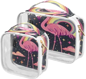 MNSRUU Clear Makeup Bags Space Flamingo Rainbow Toiletry Bag for Women 2 PCS Waterproof Clear Bags Clear Travel Toiletry Bag Small Cosmetic Makeup Bag, Carry on Airport Airline Compliant Bag