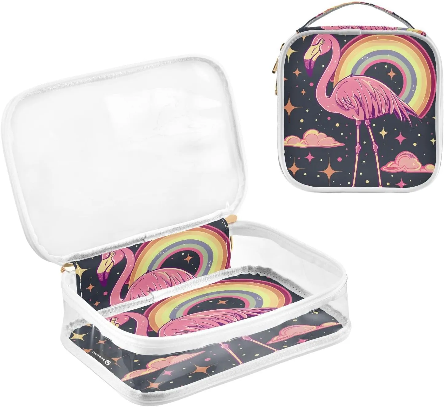 MNSRUU Clear Makeup Bags Space Flamingo Rainbow Toiletry Bag for Women 2 PCS Waterproof Clear Bags Clear Travel Toiletry Bag Small Cosmetic Makeup Bag, Carry on Airport Airline Compliant Bag