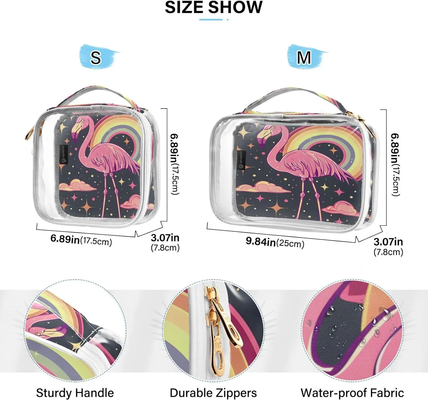 MNSRUU Clear Makeup Bags Space Flamingo Rainbow Toiletry Bag for Women 2 PCS Waterproof Clear Bags Clear Travel Toiletry Bag Small Cosmetic Makeup Bag, Carry on Airport Airline Compliant Bag