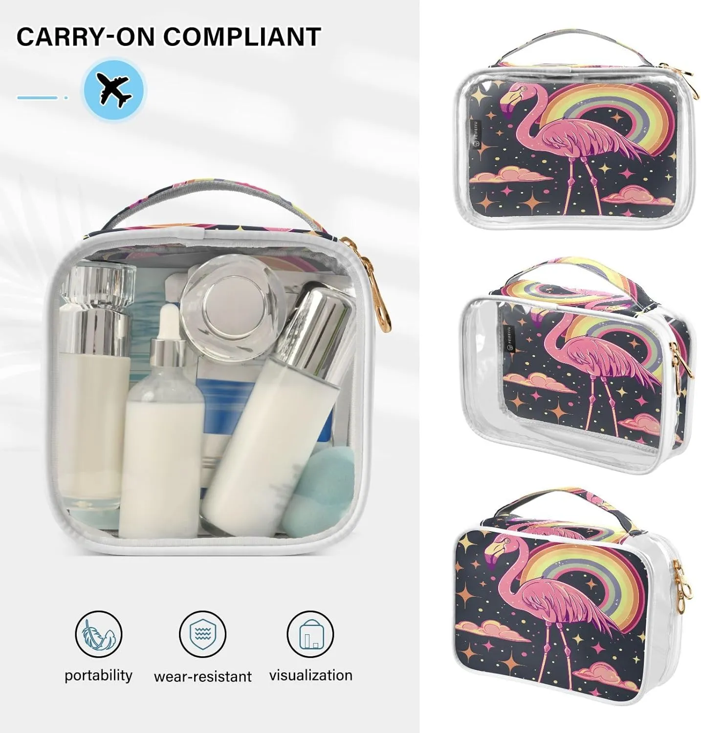 MNSRUU Clear Makeup Bags Space Flamingo Rainbow Toiletry Bag for Women 2 PCS Waterproof Clear Bags Clear Travel Toiletry Bag Small Cosmetic Makeup Bag, Carry on Airport Airline Compliant Bag