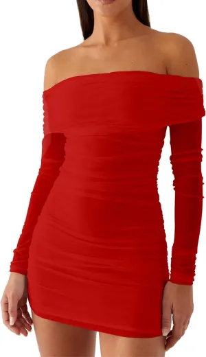 Mokoru Women's Sexy Elegant Off The Shoulder Mesh Long Sleeve Ruched Bodycon Cocktail Party Mini Dresses