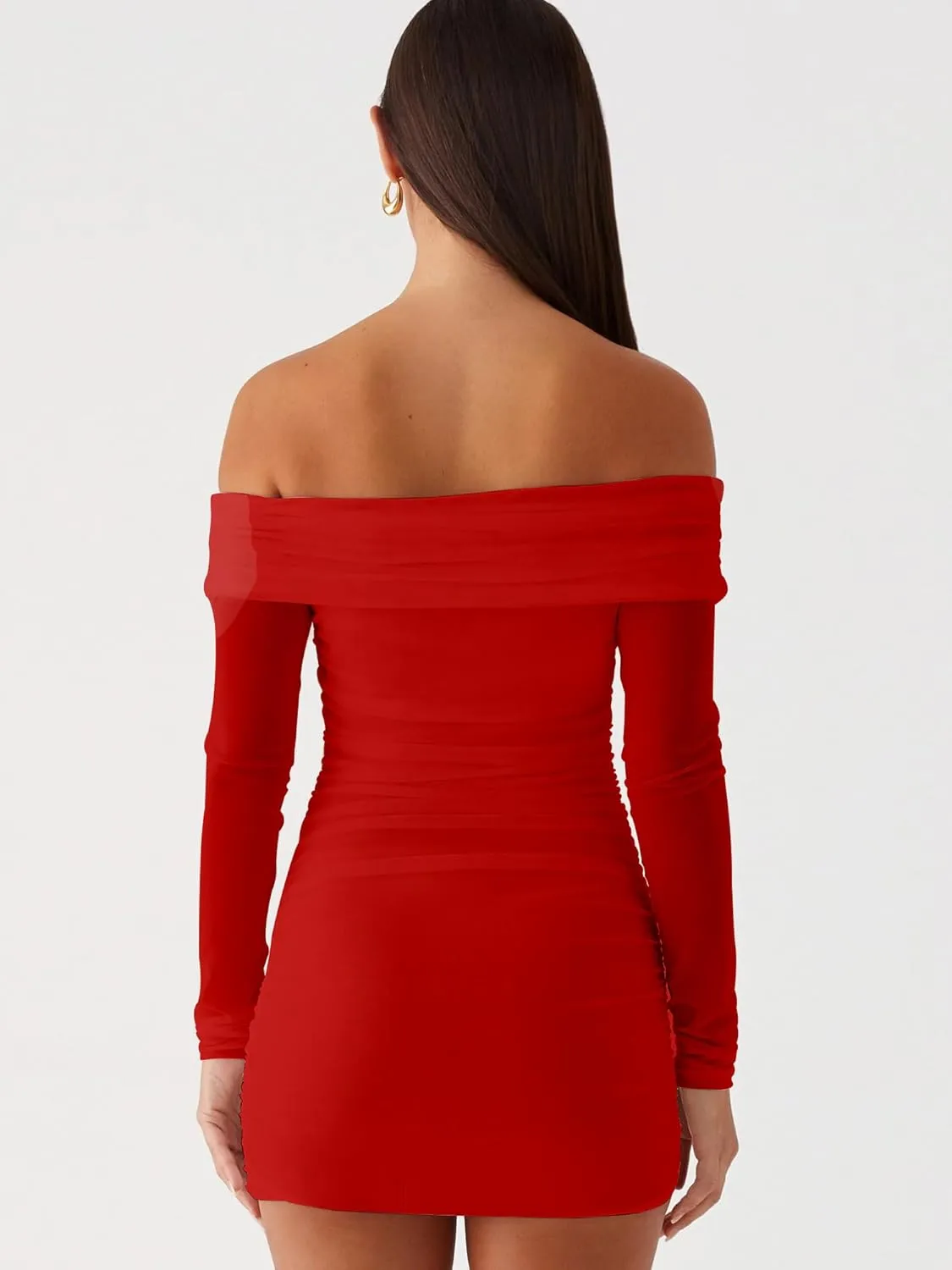 Mokoru Women's Sexy Elegant Off The Shoulder Mesh Long Sleeve Ruched Bodycon Cocktail Party Mini Dresses