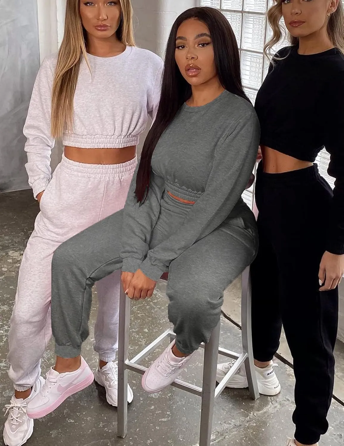 Mokoru Women's Workout 2 Piece Outfits Tracksuit Long Sleeve Crop Tops Joggers Pants Sets Sweatsuits