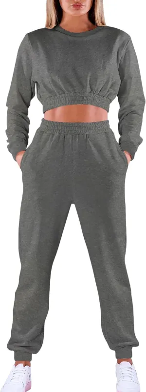 Mokoru Women's Workout 2 Piece Outfits Tracksuit Long Sleeve Crop Tops Joggers Pants Sets Sweatsuits