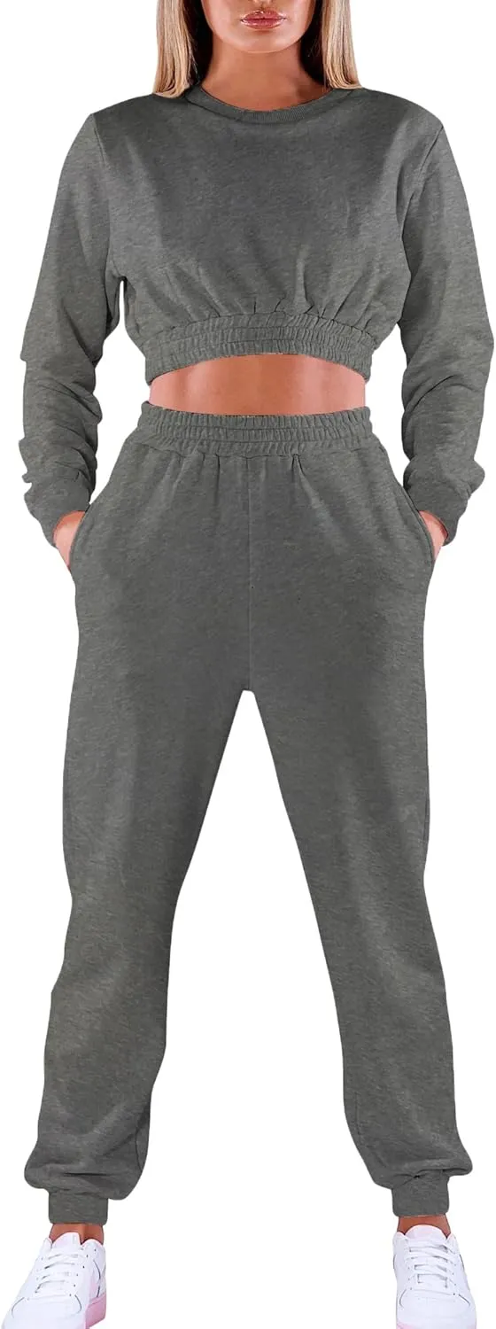 Mokoru Women's Workout 2 Piece Outfits Tracksuit Long Sleeve Crop Tops Joggers Pants Sets Sweatsuits