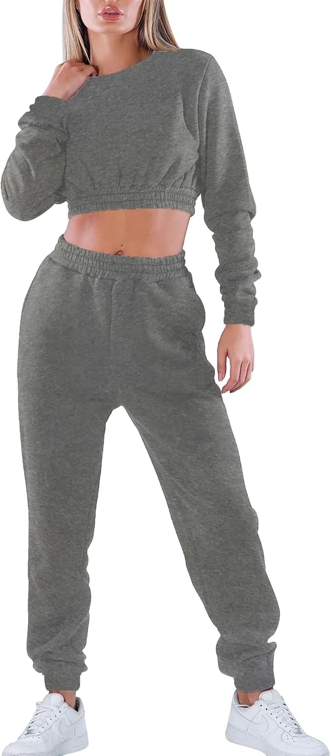 Mokoru Women's Workout 2 Piece Outfits Tracksuit Long Sleeve Crop Tops Joggers Pants Sets Sweatsuits