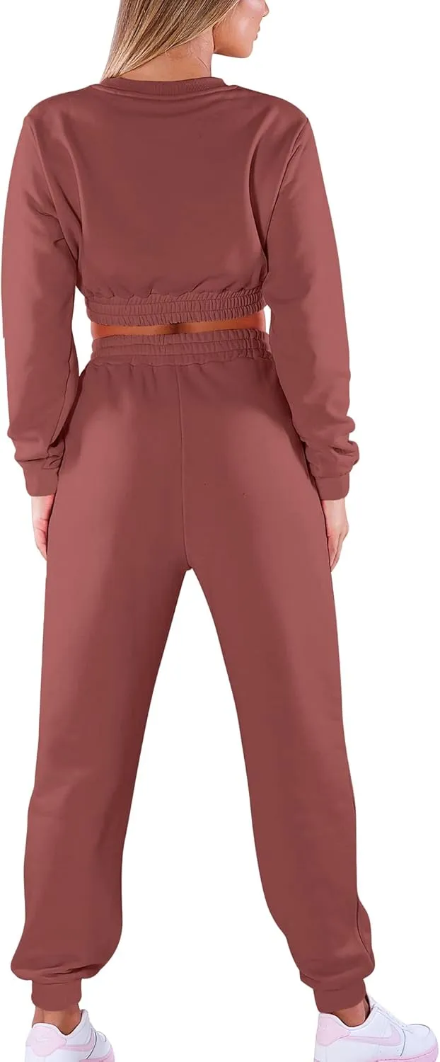 Mokoru Women's Workout 2 Piece Outfits Tracksuit Long Sleeve Crop Tops Joggers Pants Sets Sweatsuits