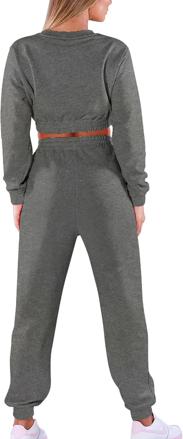Mokoru Women's Workout 2 Piece Outfits Tracksuit Long Sleeve Crop Tops Joggers Pants Sets Sweatsuits