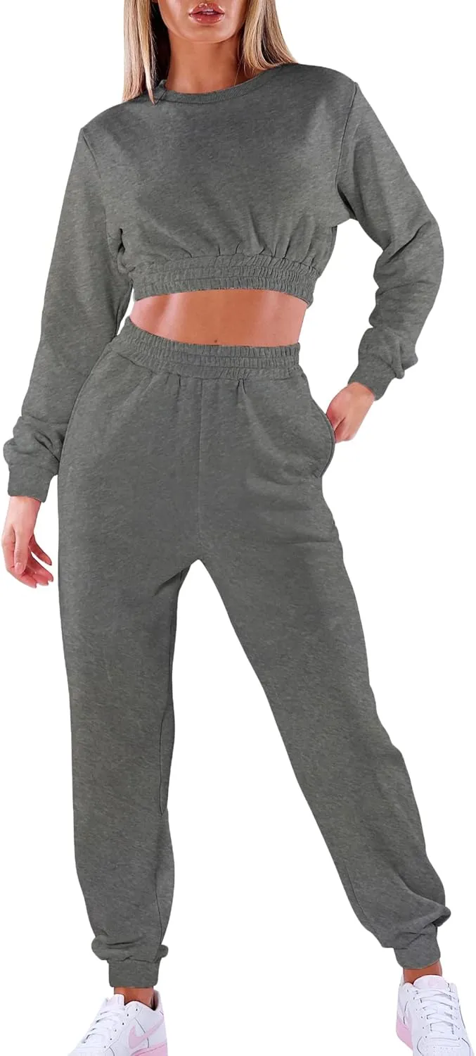 Mokoru Women's Workout 2 Piece Outfits Tracksuit Long Sleeve Crop Tops Joggers Pants Sets Sweatsuits
